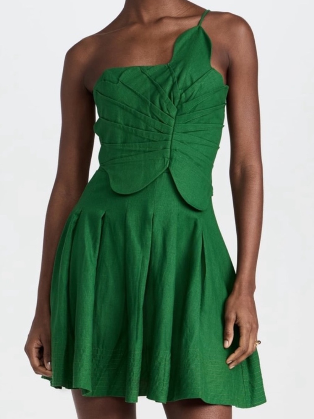 FARM Rio Emerald One-Shoulder Pleated Fit-and-Flare Dress